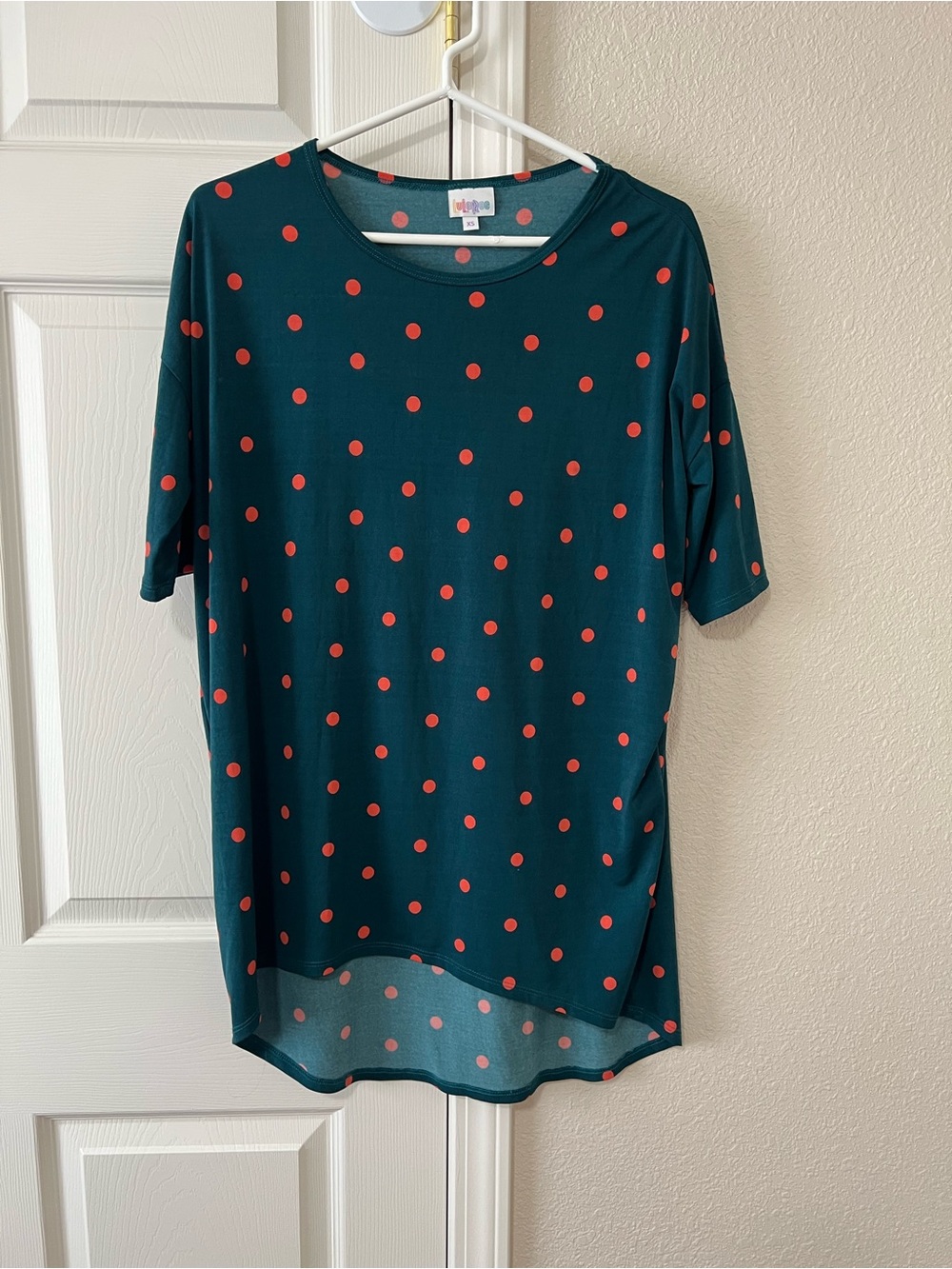 LuLaRoe Irma Tunic Top XS Teal Coral Orange Polka Dot Hi Low Hem